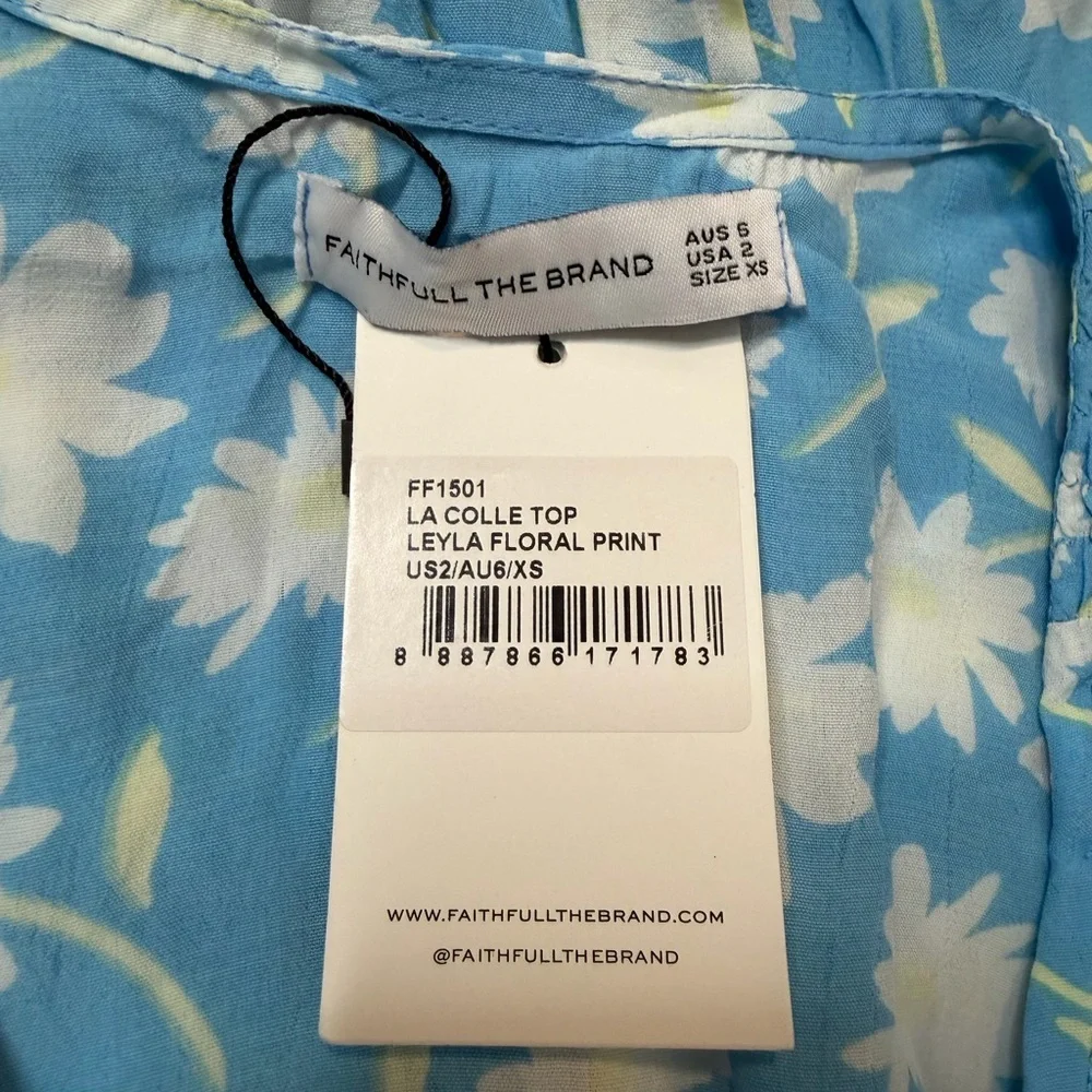 Faithfull the Brand Blue and White Floral Wrap Crop Blouse